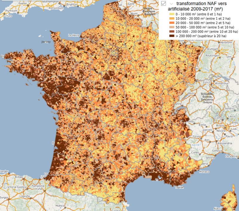 Carte : indicateurs d'artificialisation à la commune sur la France métropolitaine