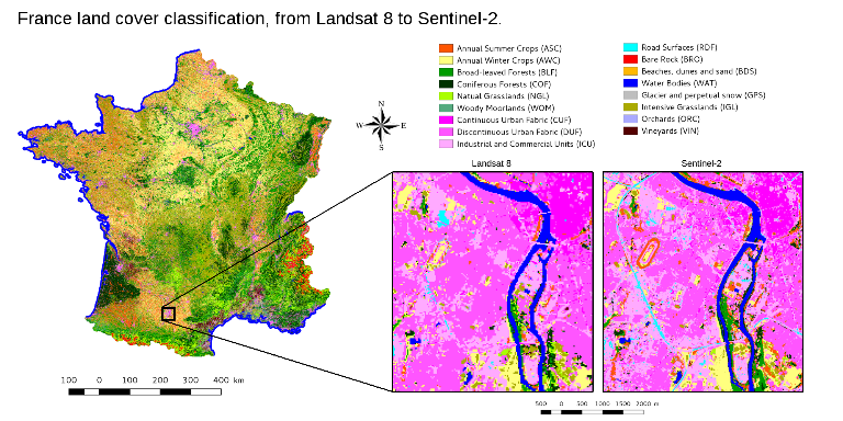 OCS OSO 2016, comparaison des classifications de l’urbain (Toulouse) entre une source de données Landsat-8 et une autre Sentinel-2.