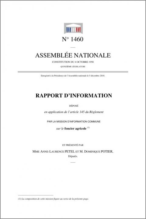 Couverture du rapport : "Rapport de la mission d'information commune sur le foncier agricole de l'Assemblée Nationale"