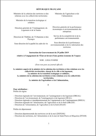 Instruction du Gouvernement du 29 juillet 2019 relative à l’engagement de l’État en faveur d’une gestion économe de l’espace